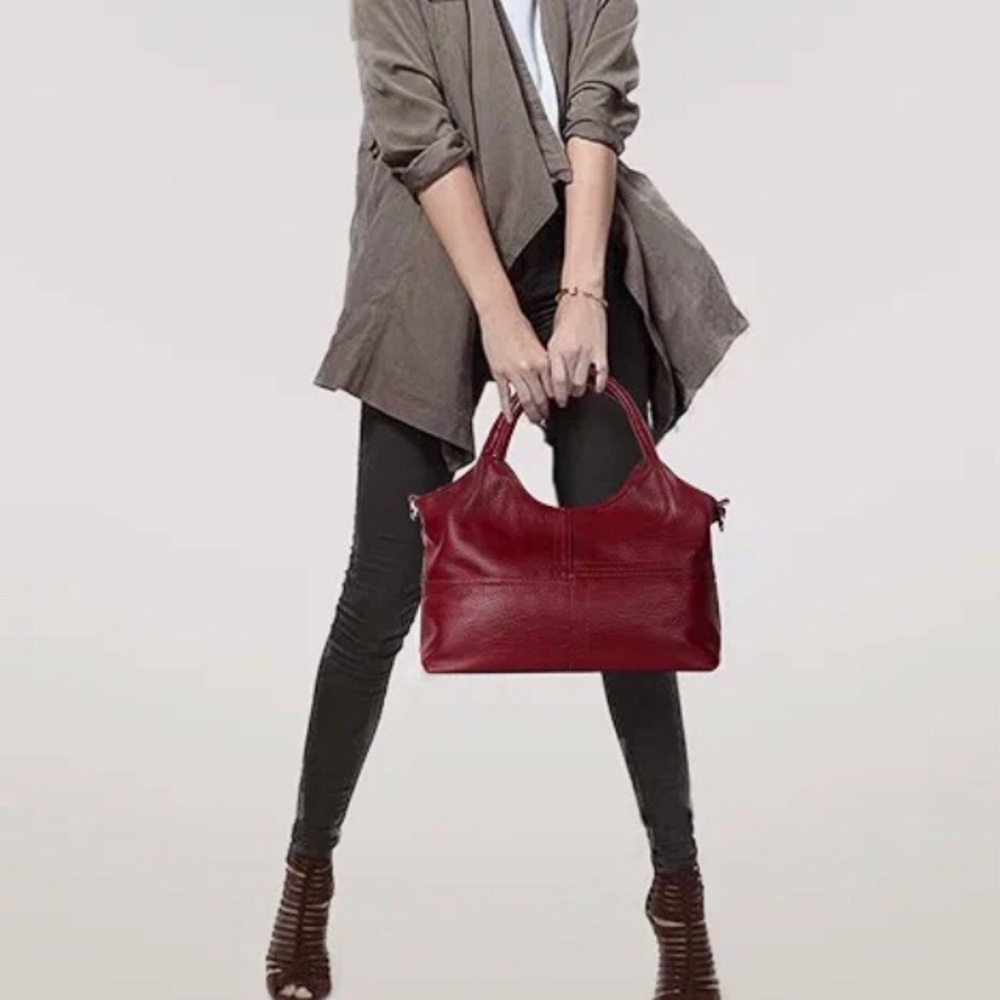 Vegan Leather Tote Organize Double Handle Strap Zipper Dark Red Classic Everyday